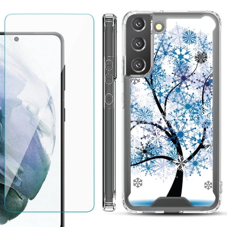 Shockproof Bumper Phone Case for Samsung Galaxy S22 5G with Tempered Glass Screen Protector by OneToughShield ® - Snowflakes Tree