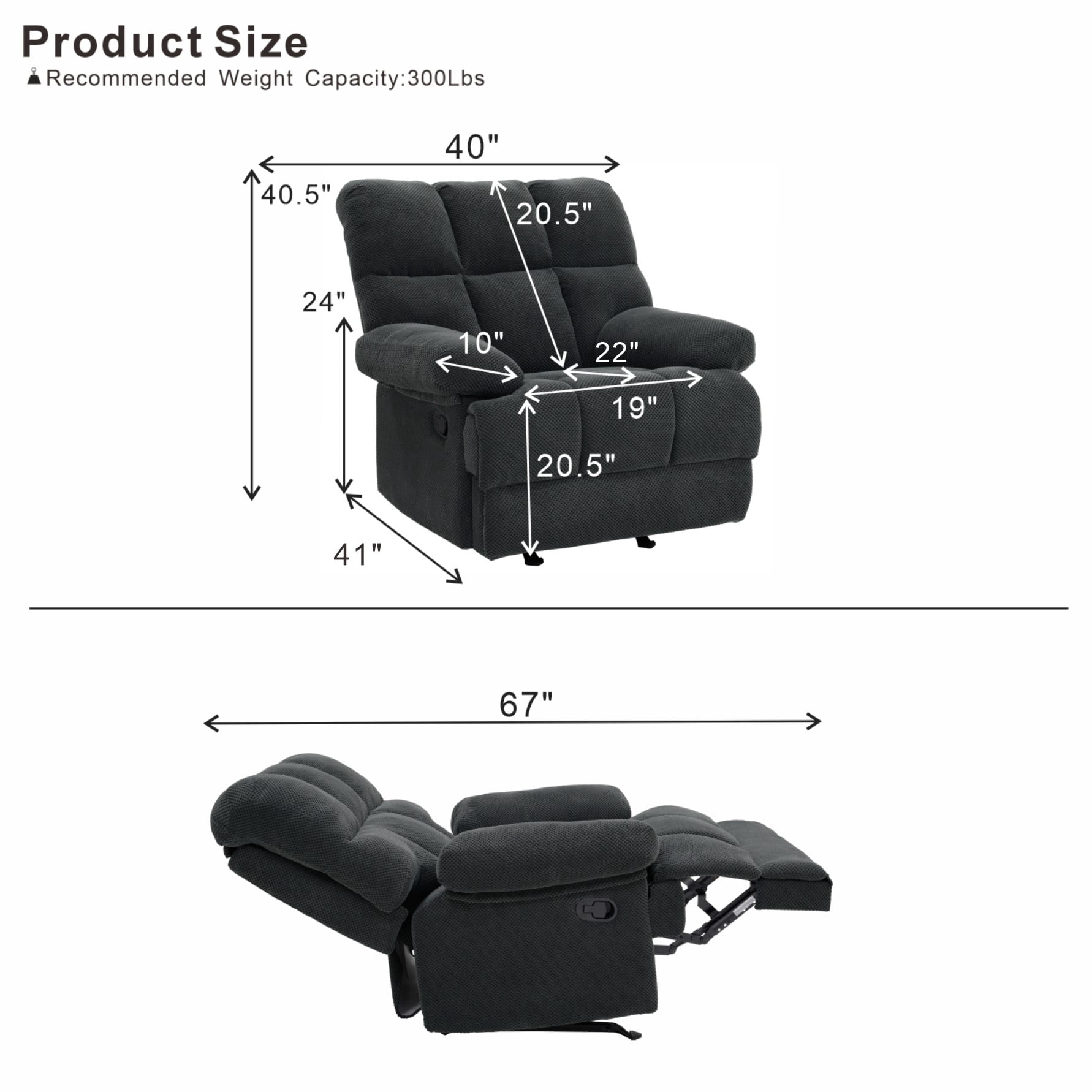 Rocker Recliner Chair with Manual Recline and Rocking Function, Modern Reclining Chair and Lounge Seating with Nubby Fabric for Living Room, Dark Gray