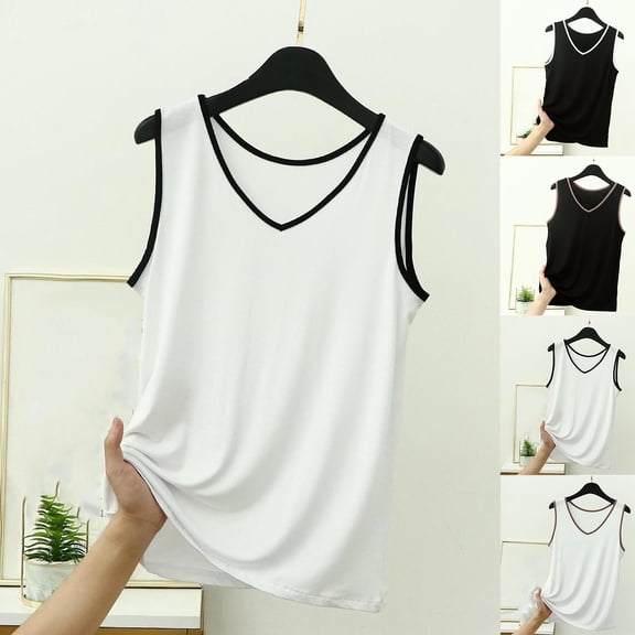Miluxas Womens Contrast Trim Tank Tops Sleeveless V Neck Basic Outfits Layering Piece for Spring Summer White