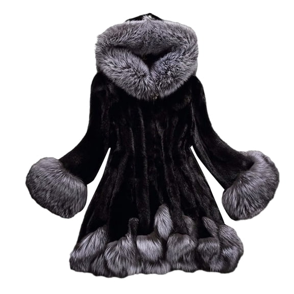Quixlent Faux Fur Hooded Coat for Women Long Sleece Open Front Fleece Jacket Winter Warm Fuzzy Trim Fluffy Outerwear