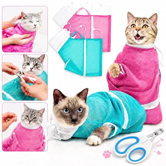 2 Pcs Adjustable Cat Bathing Bag Breathable Anti Bite Anti Scratch Cat Grooming Net Bag with Cat Nail Clipper for Nail Trimming Ear Cleaning