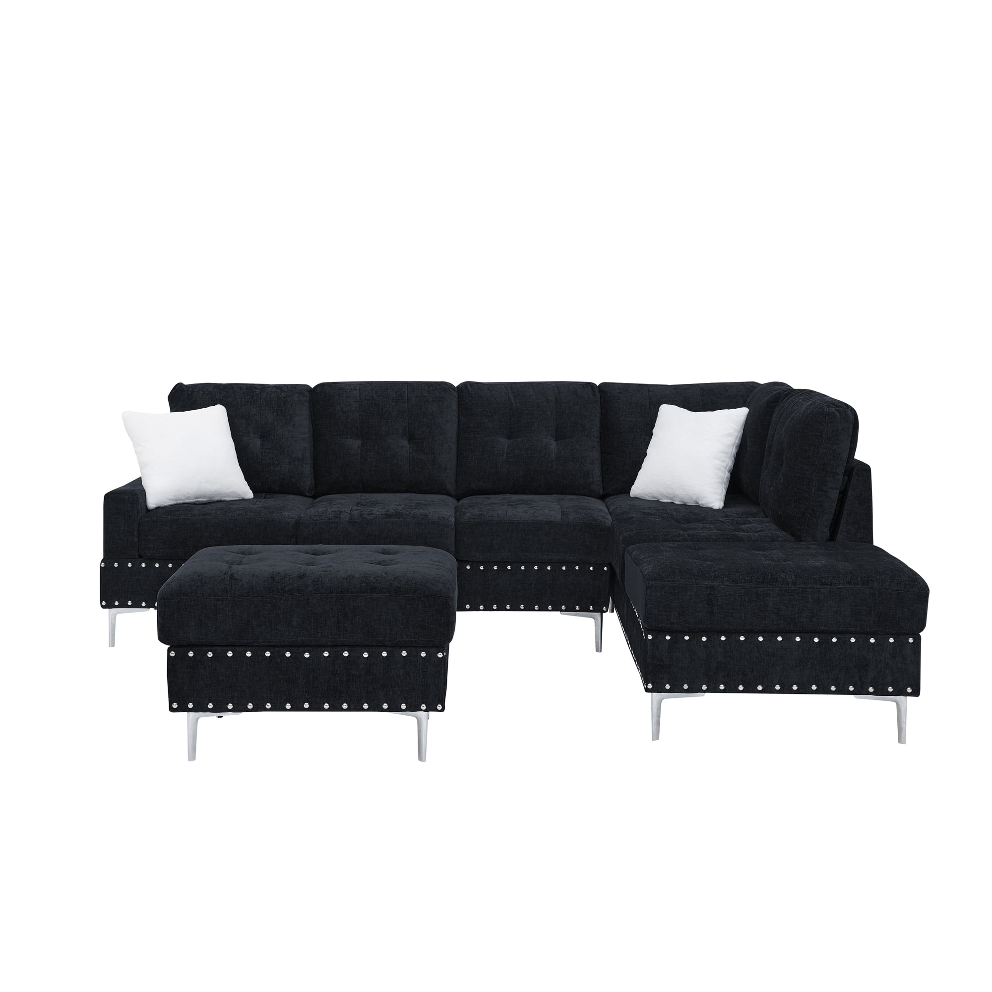 Aukfa Chenille L-Shaped Sectional Sofa with Storage Ottoman, 102" 3 Seater Couch with Chaise, Blue