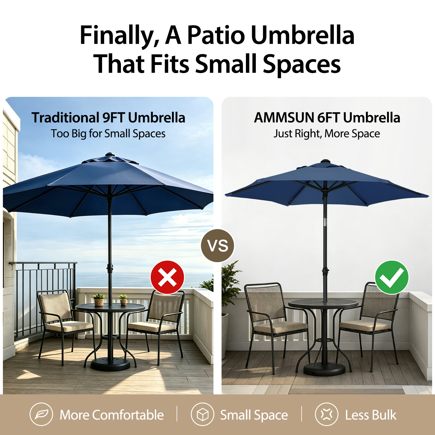 AMMSUN 6ft Round Patio Umbrella, Blue photo 3