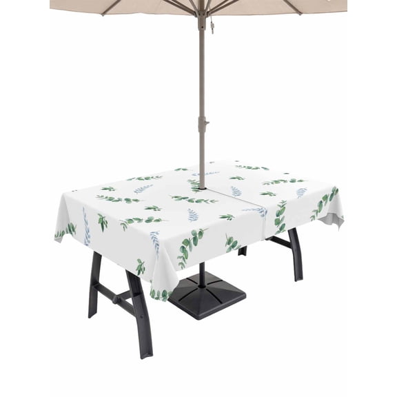 Outdoor Tablecloth with Umbrella Hole for Patio/Picnic/Party/Camping, Eucalyptus Leaves Waterproof Table Cloth Rectangle Table Cover Washable, Green Spring Botanical Summer Leaf (60"x 102")