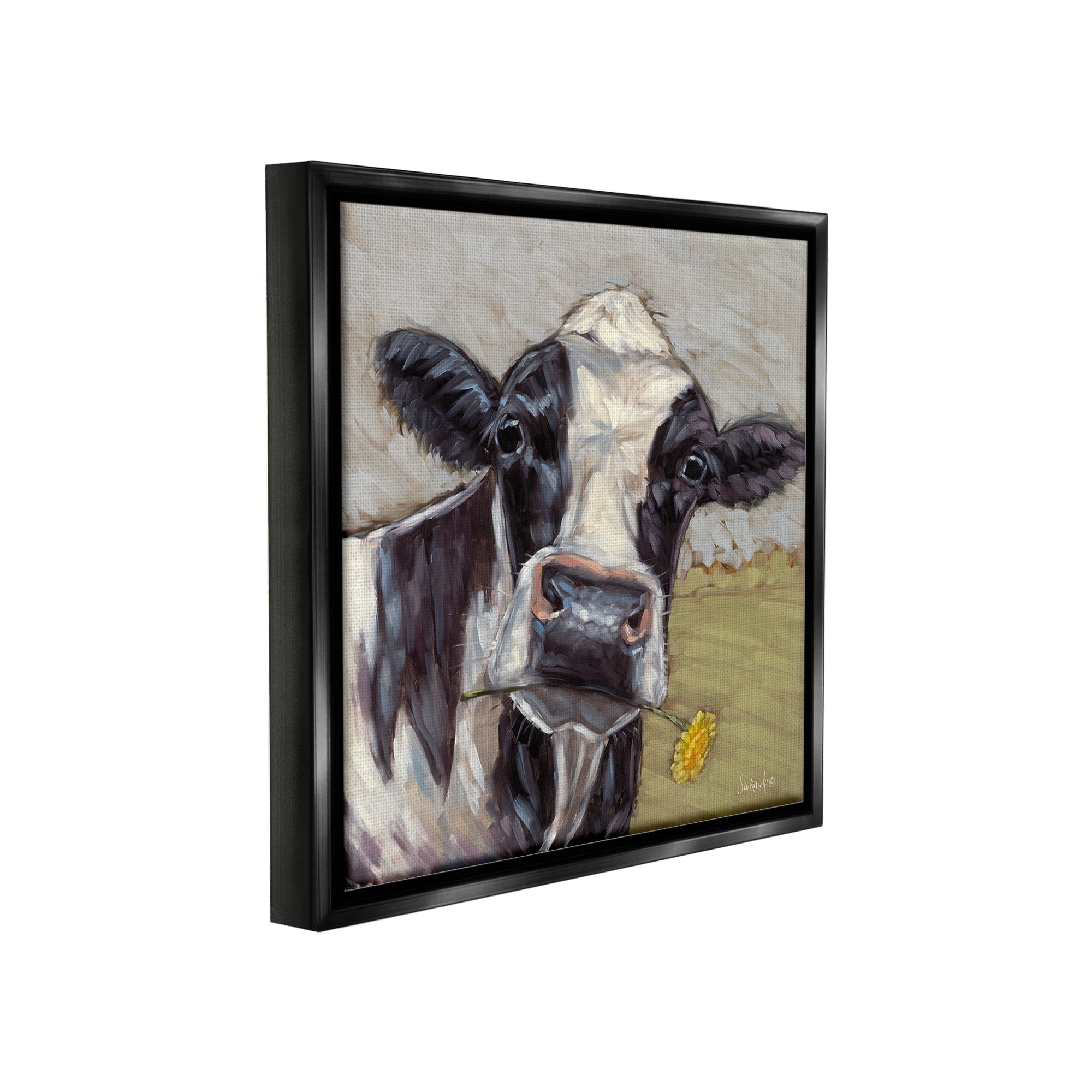 Stupell Industries Cow with Yellow Daisy Animals & Insects Painting Black Floater Framed Canvas Art Print Wall Art, 18 x 18