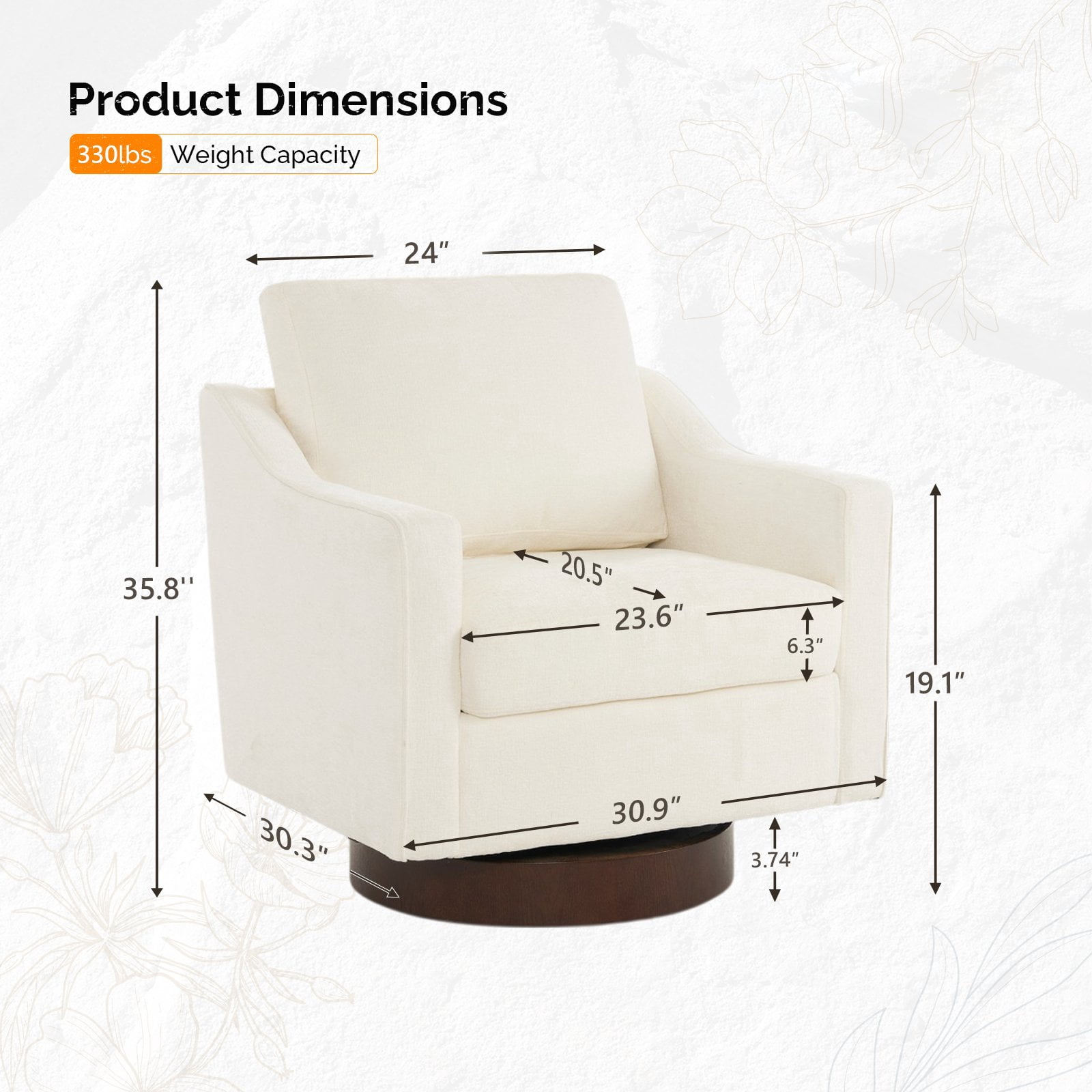 Ktaxon 360° Swivel Accent Chair Soft Chenille Fabric Arm Chair High Resilience Cushion Ideal for Living Room  Bedroom Furniture Off White