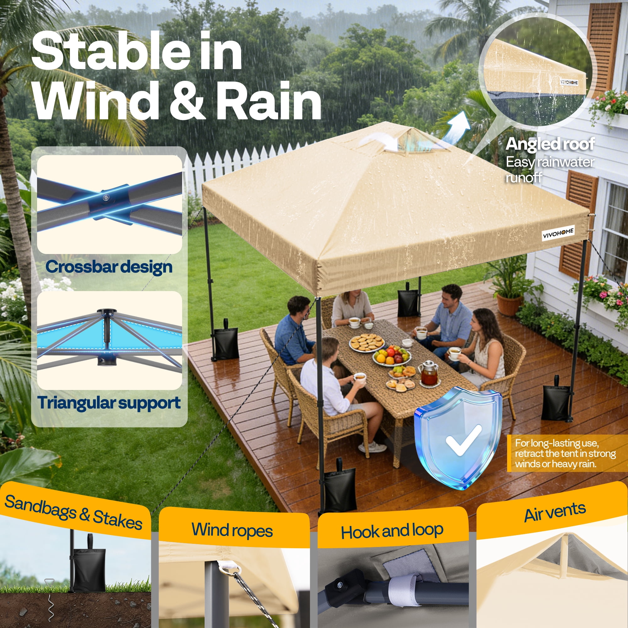 SPECSTAR 8x8ft Pop-up Canopy Tent One Push Setup Instant Tent with Center Lock, Wheel Carry Bag and 4 Sandbags for Events Parties, Beige