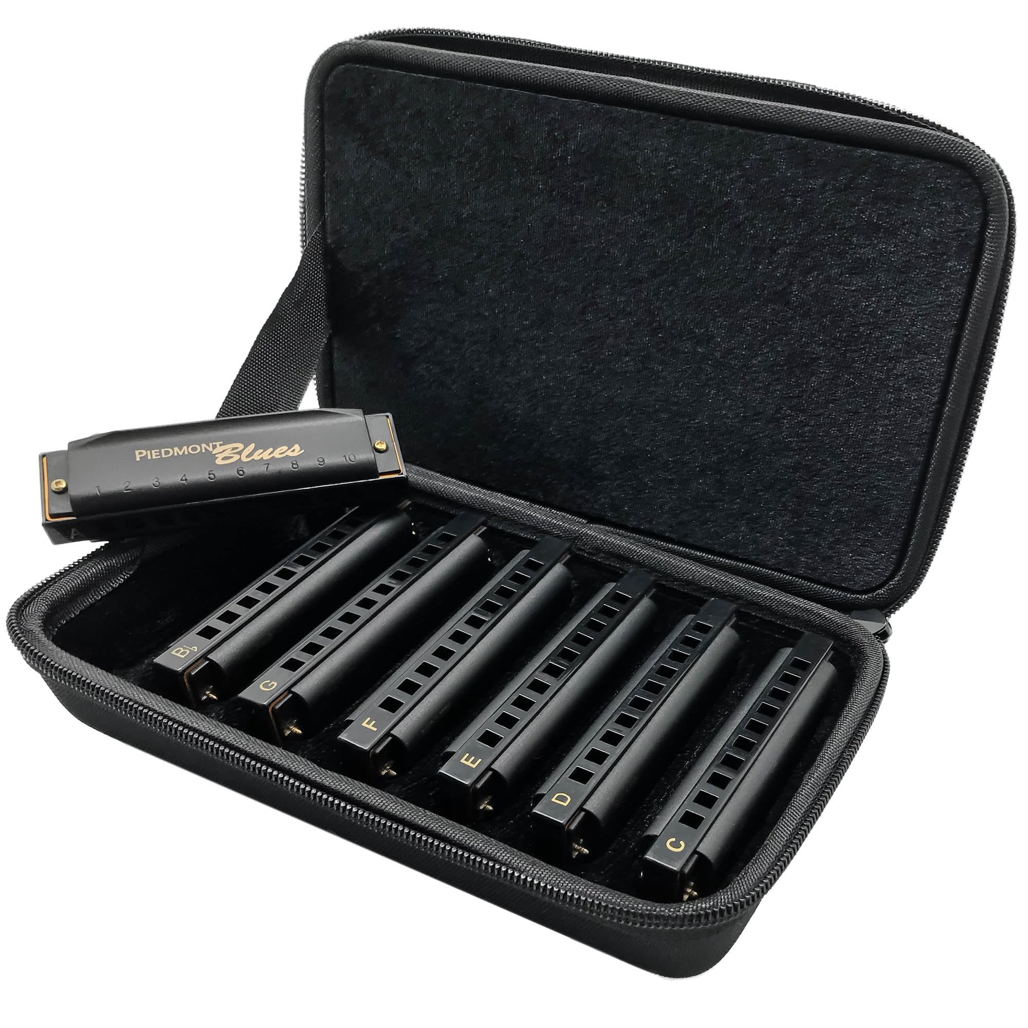 Hohner Piedmont Blues Harmonica 7 Pack - Keys of G, A, Bb, C, D, E, F Bundle with Case, Zip Pouch, Online Manual, and Austin Bazaar Polishing Cloth