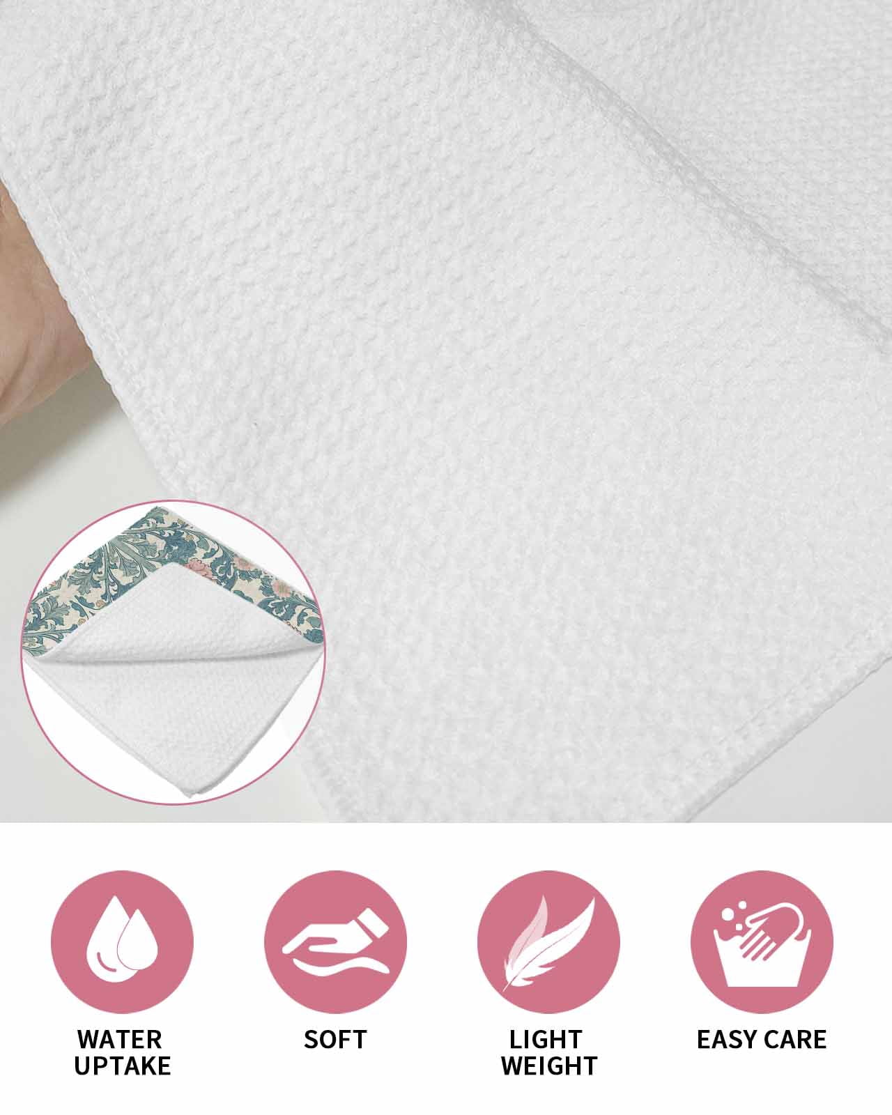 Teal Pink Hand Towels Set, Waffle Weave Kitchen Towels 2 Pieces, Vintage Floral Watercolor Boho Ethnic Microfiber Hair Face Bath Tea Towel Absorbent Quick Drying Cleaning Dish Cloths, 15.7"x23.6"