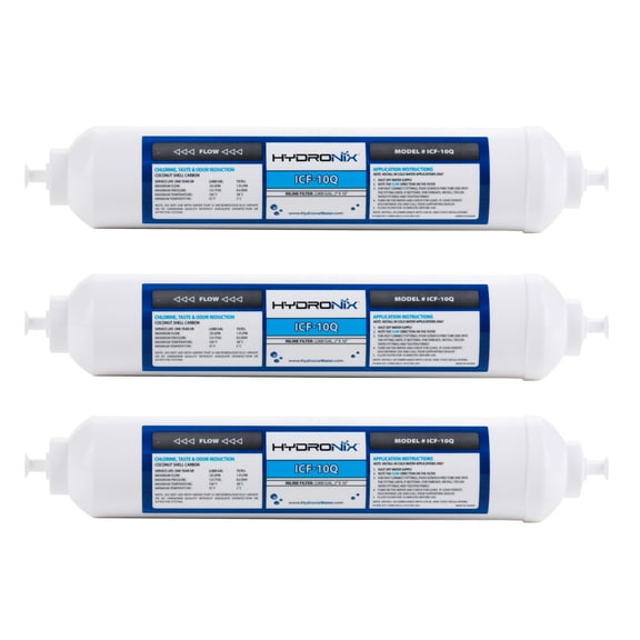 3 Pack - Hydronix ICF-10Q Inline Reverse Osmosis Post, Fridge & Ice Coconut GAC Water Filter 2000 Gal, 1/4" QC Ports