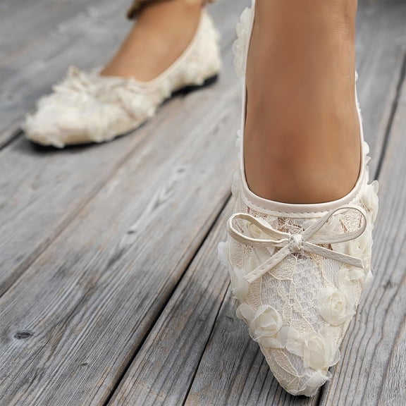 Norvail Womens Pointed Toe Bow Lace Mesh Flats, Wide Foot Sandals for Women Dressy, Comfortable Slip On Flat Shoes for Summer Daily Work Party