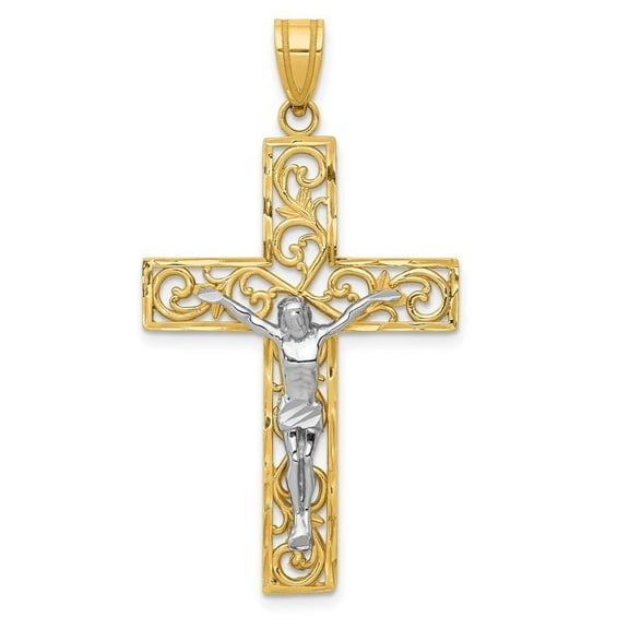 Diamond2Deal 10K Two-tone Gold Diamond-Cut Large Block Filigree Cross with Crucifix Pendant for Women (L- 1.82 inch, W- 0.99 inch)