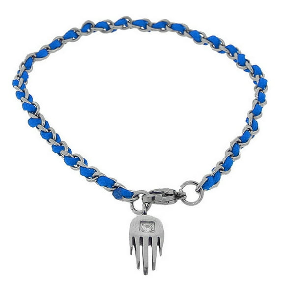 Stainless Steel Blue Cord White CZ Silver-Tone Hamsa Bracelet