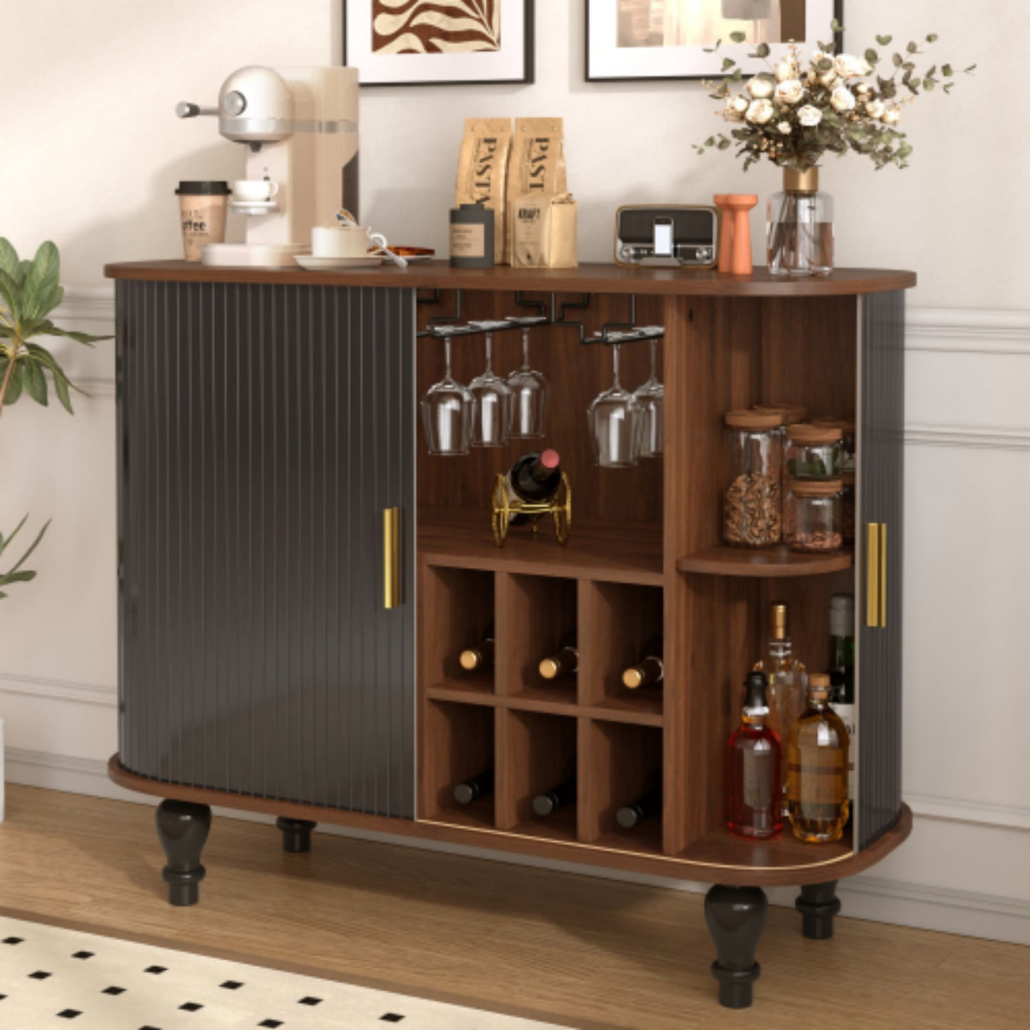 39" Fluted Wine Bar Cabinet, Mid-Century Modern Liquor & Coffee Station with 6 Wine Racks, Glass Holders, Drawer & Side Storage, Black
