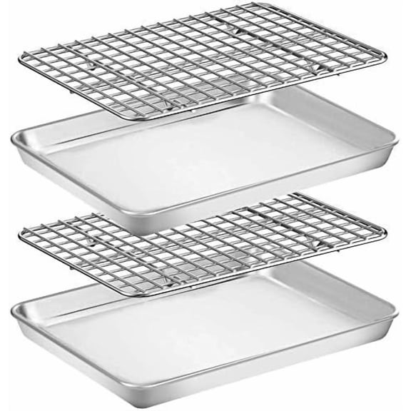 Baking Sheet with Rack Set [2 Pans   2 Racks],  Stainless Steel Cookie Sheet Baking Pan Tray with Cooling Rack, Size 9 x 7 x 1 Inch, Non Toxic & Heavy Duty & Easy Clean
