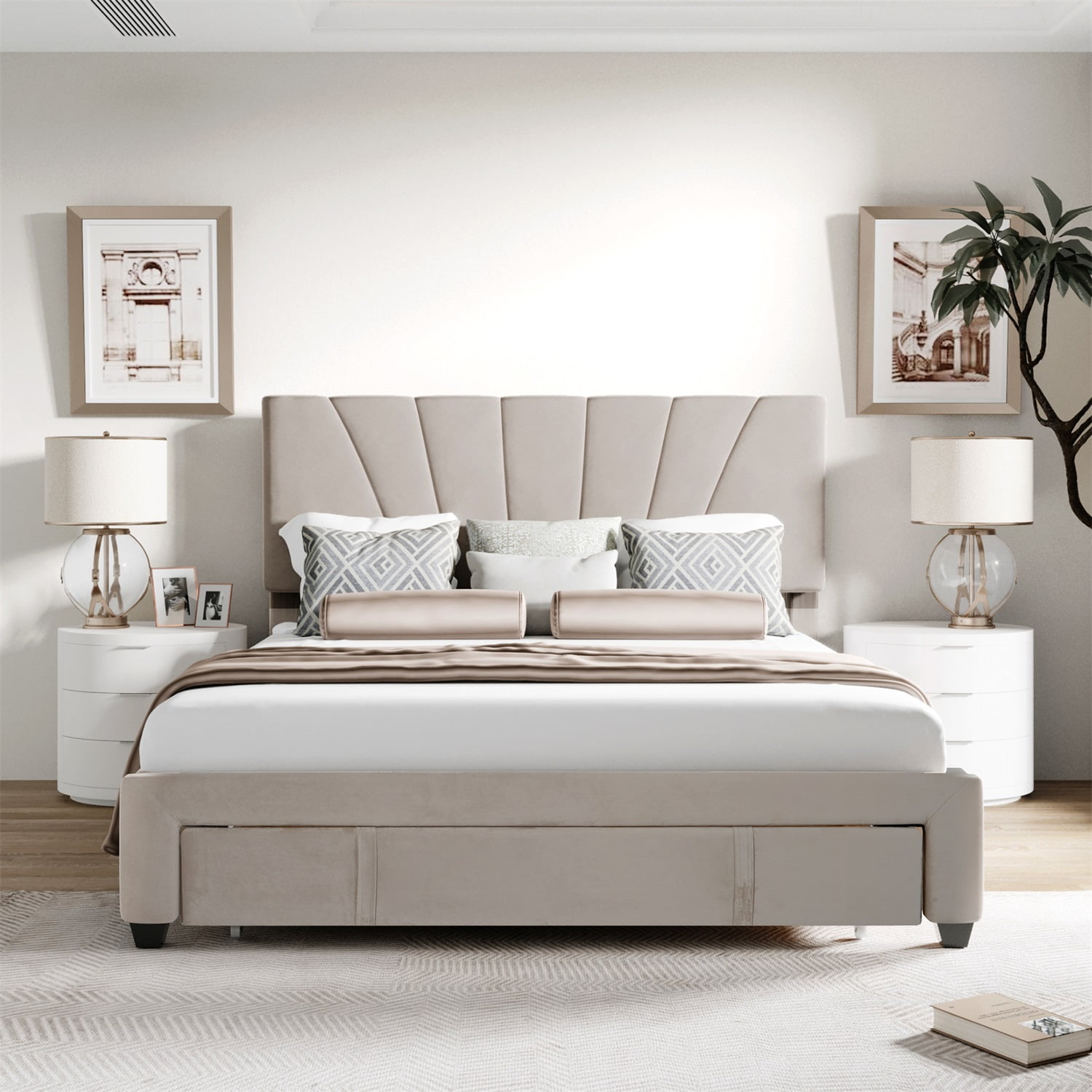 Kadyn Platform Storage Bed with Drawers, Queen Bed Frame with Headboard, Upholstered Platform Bed, No Box Spring Needed, Beige&Queen