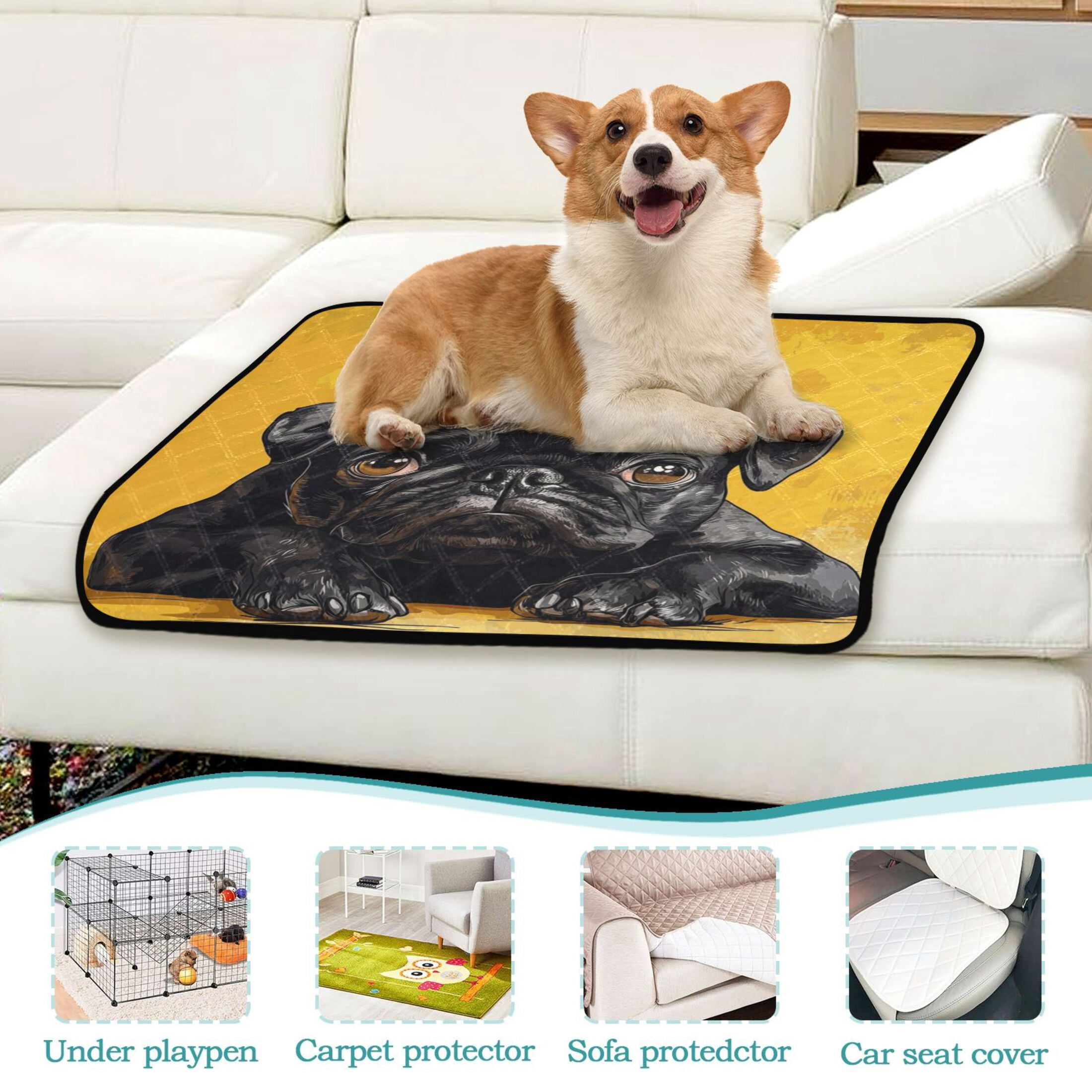 Qxltty Crown Black Pug Dog Cat litter Pads Pet Set of 3 Diaper Mats Center Anti-leakage Layer Absorbent Soft and Comfortable