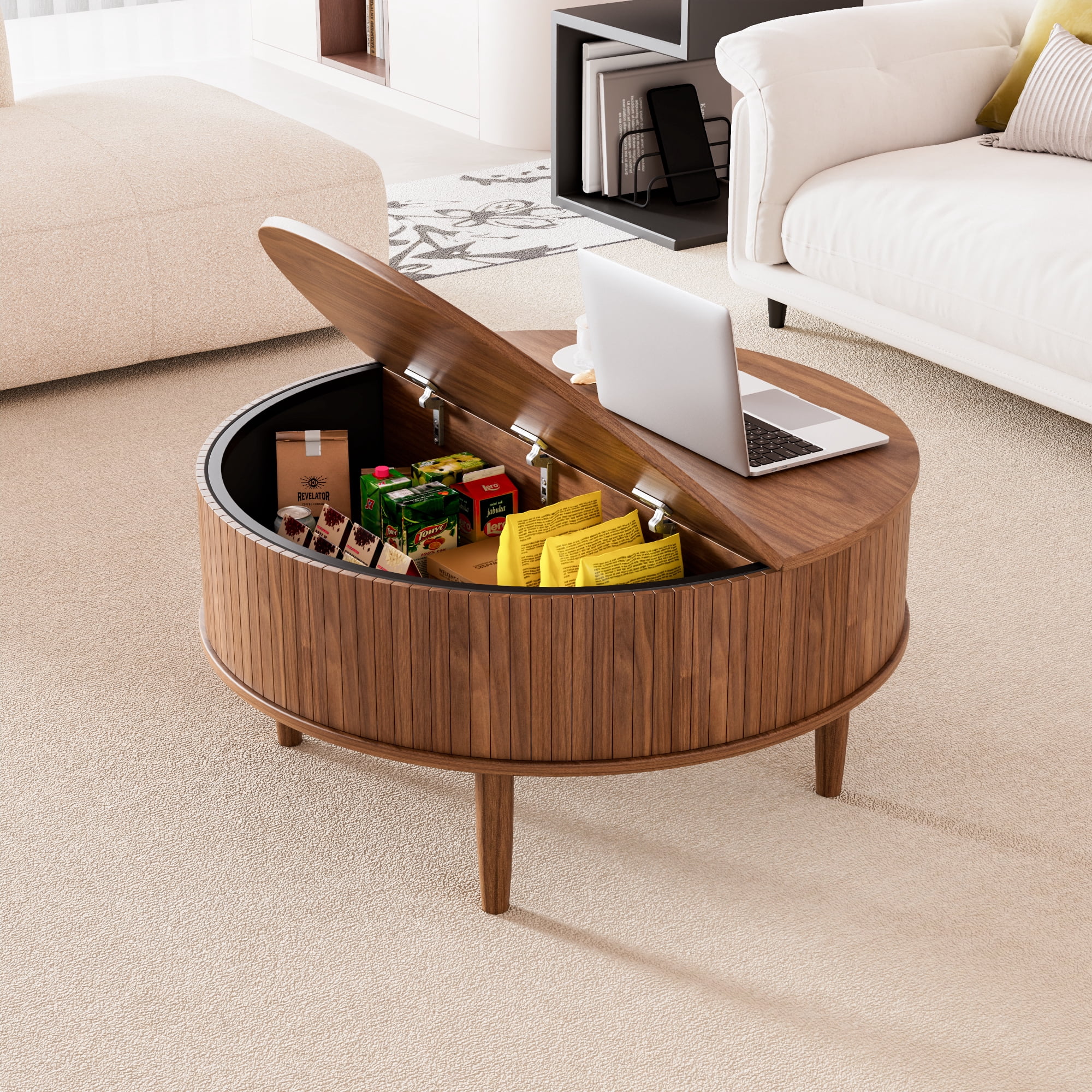Round Lift Top Coffee Table with Storage, Center Table with Hidden Compartment, Circle Coffee Table for Living Room, Walnut