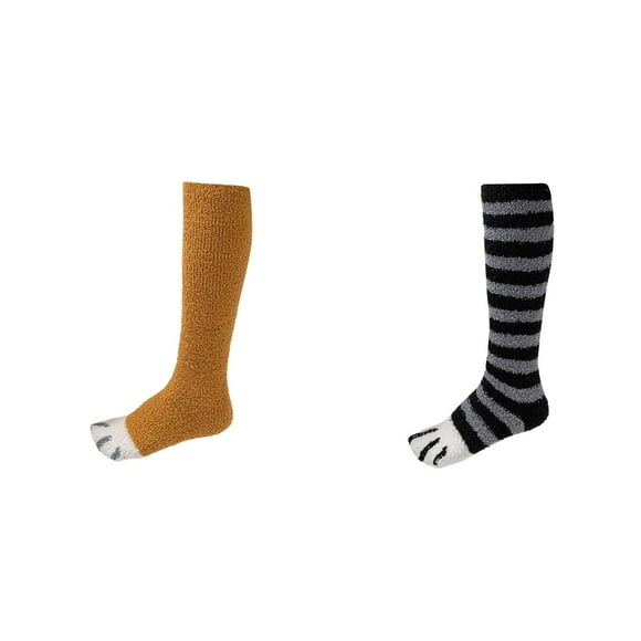 (2-Pack) Rinsvye Winter Coral Velvet Girls Couple Jackets Stocking Knee High Socks Knitted Stockings Christmas Cat Stripe Pattern