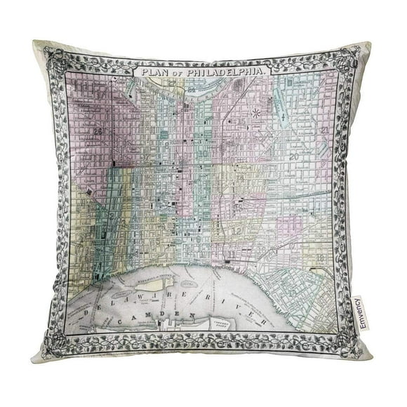 BOSDECO Vintage 1870 Antique Map of Philadelphia Old Historic Pillow Case Pillow Cover 16x16 inch