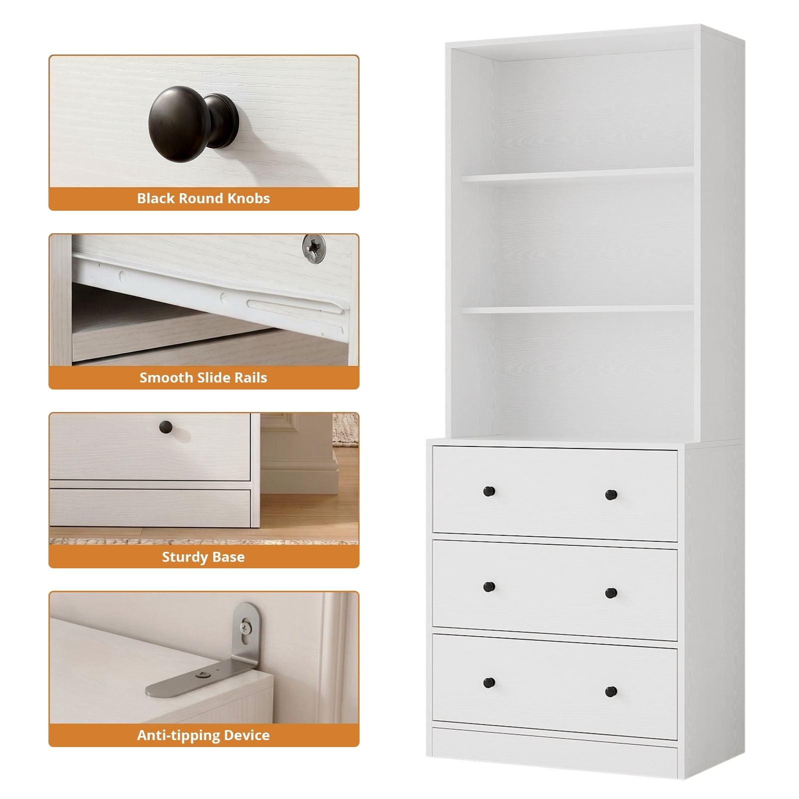 RichYa 71'' Tall Bookcase with 3 Drawers, 3-Tier Open Display Bookshelves, Freestanding Storage Cabinet for Home Office,Living Room,White