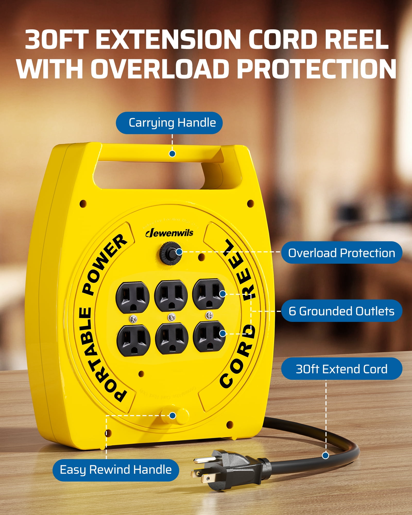 DEWENWILS 6 Outlets Extension Cord Reel, 30FT SJTW 16/3C Power Cord, Hand Wind Retractable, Overload Protection, 13 Amp Circuit Breaker, Yellow, Black, UL Listed