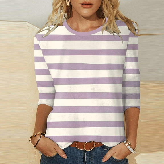 YMNXA Women's T Shirt 3/4 Sleeve Round Neck Striped Print Fashion Comfortable Top For Casual Daily Wear,Beige,L