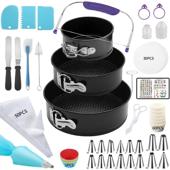 Complete 179PCS Springform Round Cake Pans Set for Baking and Cake Decorating, including 16 Piping tips,65Baking Cups,30Parchment paper liners,spatulas,4'' 7'' 9''Cake Pans