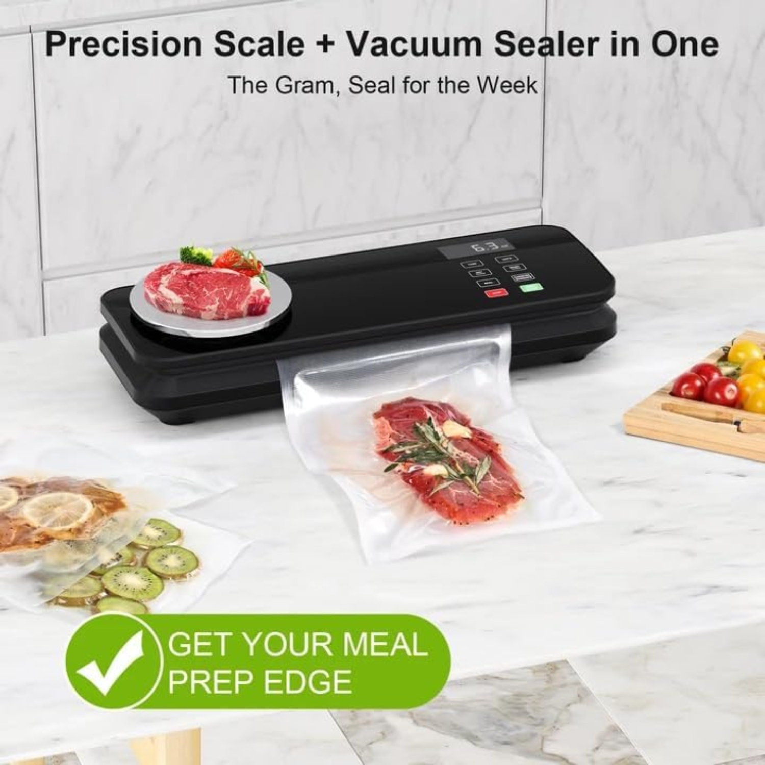 90KPA Food Vacuum Sealer with Kitchen Scale, One-Touch Automatic, Multiple Modes​​, Compact Design with 10 Vacuum Bags & Built-in Cutter