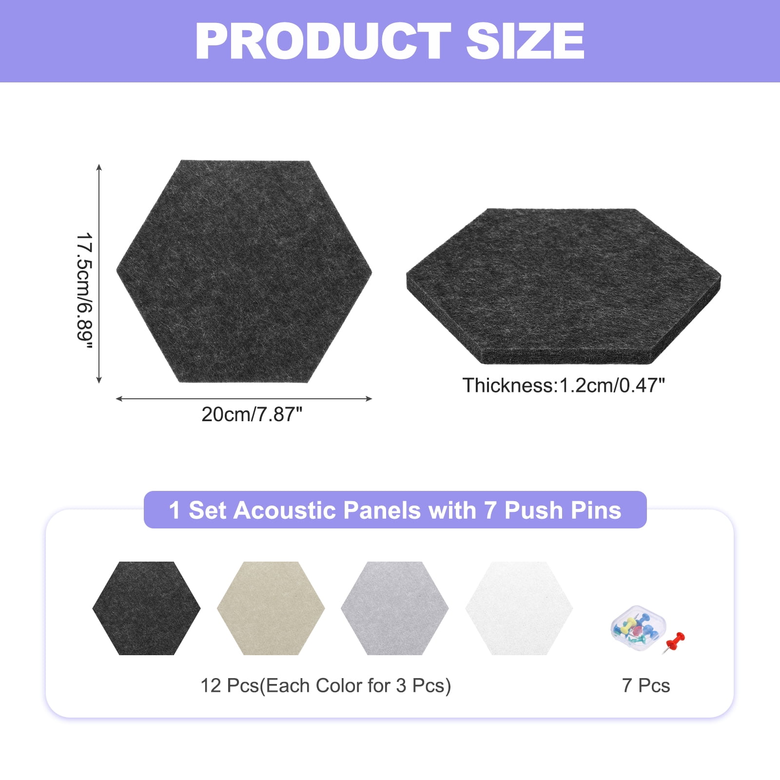 Uxcell 12 Pcs Polyester Fiber Hexagon Acoustic Panels with Push Pins 7.87'' x 6.89'' Black White Bright Gray Dark Brown