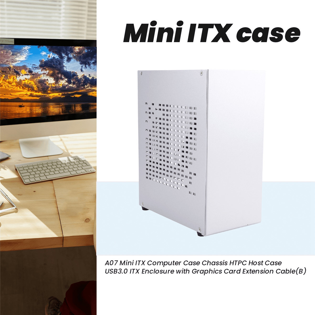 A07 Mini ITX Computer Case Chassis HTPC Host Case USB3.0 ITX Enclosure with Graphics Card Extension Cable(B),1 * Mini ITX case 1 * Extension Cable,silver