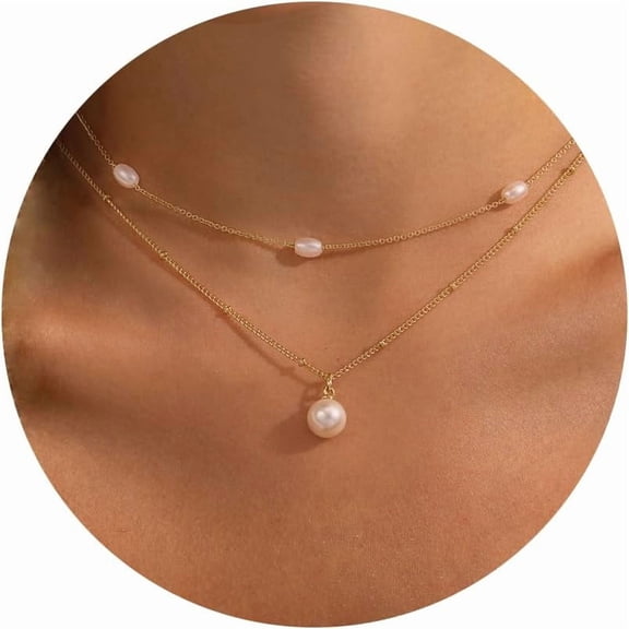 Pearl Necklaces for Women-14k Gold Plated Layered-Single Pearl Necklace Simple Pearl Choker Necklaces for Women Trendy Cute Gold Necklace Jewelry for Women Gifts