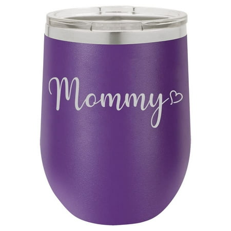 

12 oz Double Wall Vacuum Insulated Stainless Steel Stemless Wine Tumbler Glass Coffee Travel Mug With Lid Mommy With Heart (Purple)