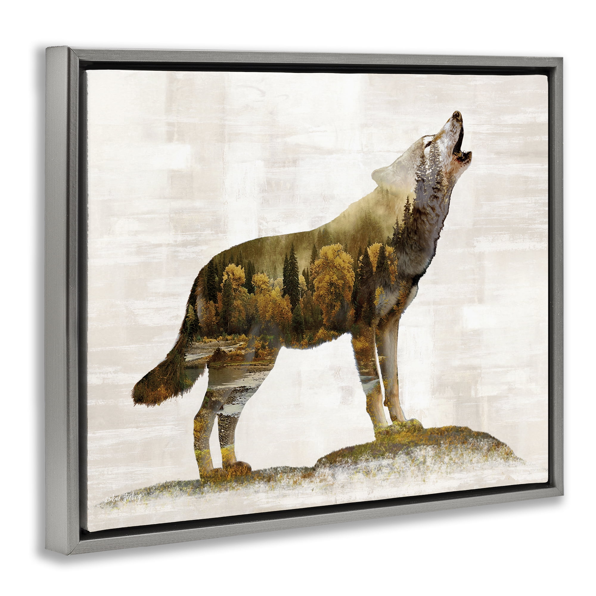 Stupell Industries Forest Pattern Wolf Animals & Insects Painting Gray Floater Framed Art Print Wall Art, 31 x 25