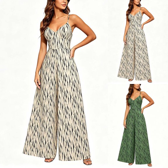 Vynhevius Women's Striped Print Cami Jumpsuit V Neck High Waist Wide Leg Pockets One Piece