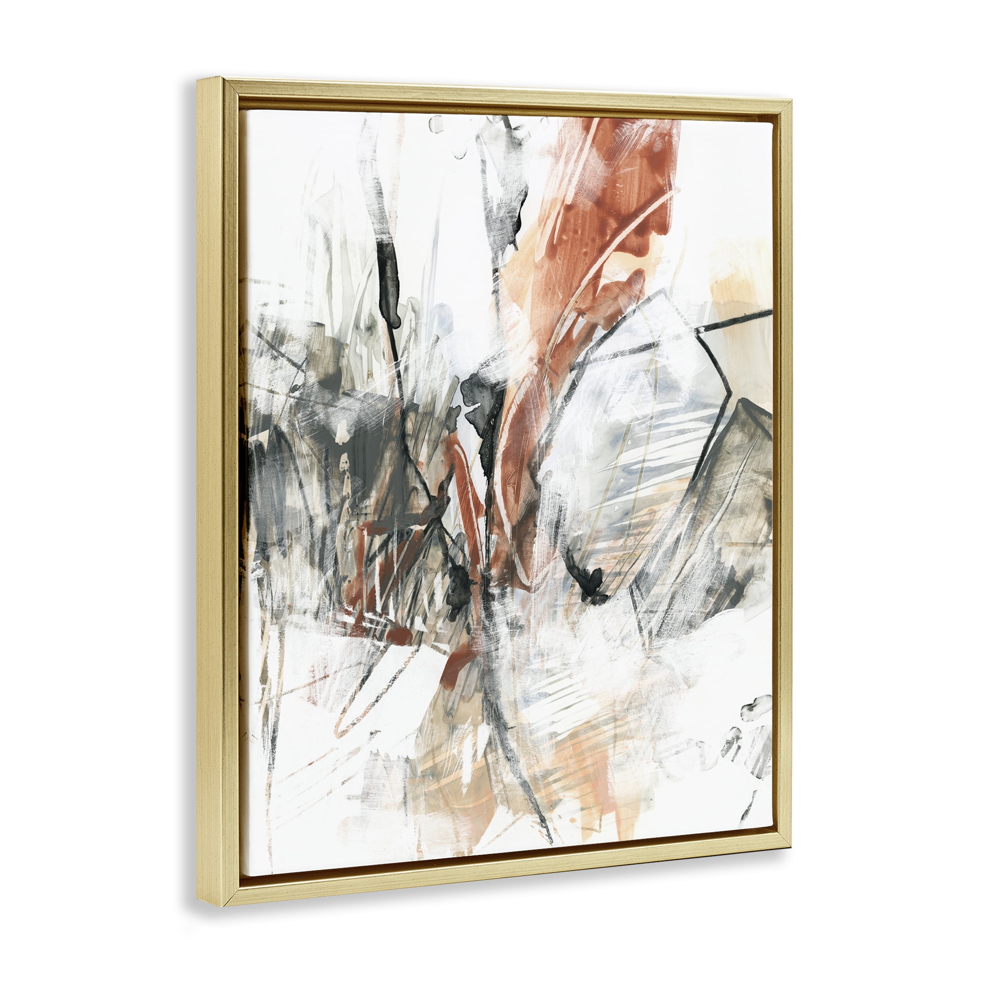 Stupell Industries Chaotic Terracotta & Grey Abstract Painting Gold Floater Framed Canvas Art Print Wall Art, 17 x 21