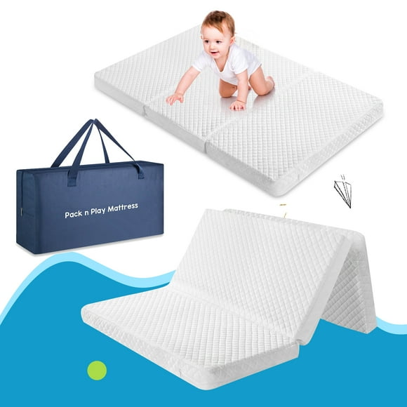 Smiaoer Tri-Fold Pack n Play Mattress, Mini Portable Memory Foam Crib Mattress, Dual-Sided Baby Playard Mattress with Washable Cover for Infant & Toddler,38"x26"x2.5"