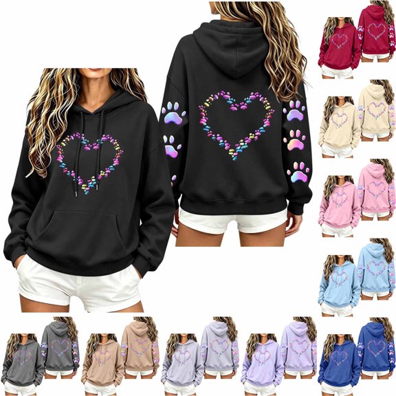 Women's Heart Printed Long Sleeve Hoodies Fall Fleece Lined Oversized Casual Graphic Pullover Hooded Sweatshirts S-XXL