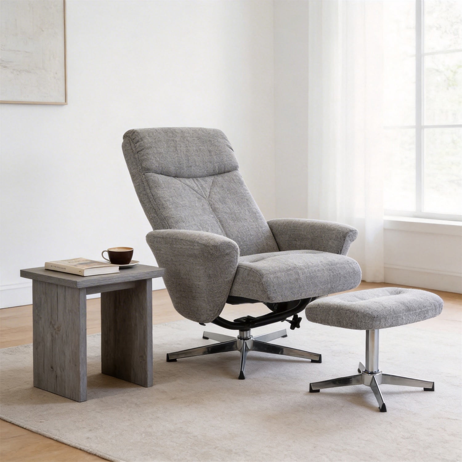 Hommoo Chenille Upholstered Manual Recliner with Ottoman Chair, Modern Swivel Armchair Ergonomic Push Reclining Footrest, Light Grey
