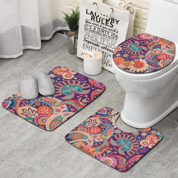 Multicolor Paisley and Floral Pattern Bathroom Rugs Sets 3 Piece,Toilet Cover Set,Absorbent Non Slip Bathroom Mats Sets with U-Shaped Contour Rug Toilet Rug Set
