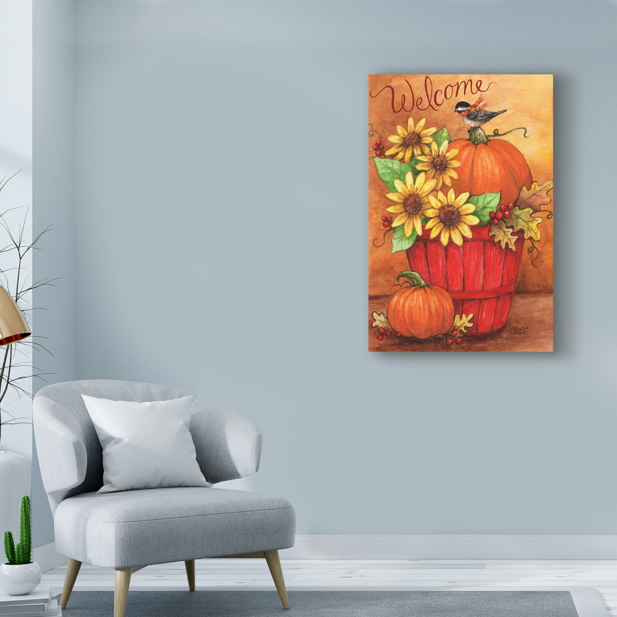 Trademark Fine Art 'Sunflower And Pumpkin Red Basket' Canvas Art by Melinda Hipsher