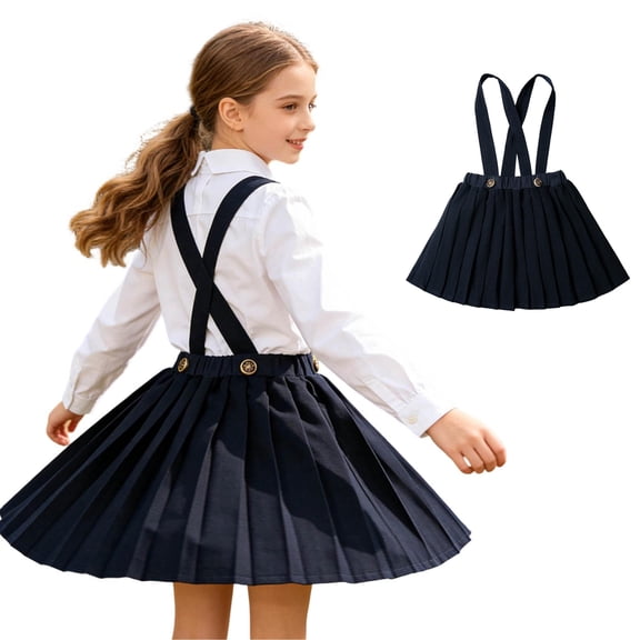 XINXIAOO Girls Cross Back Suspender Pleated School Uniform Skirt High Waist Adjustable Button A Line Mini Student Skirt Versatile Daily Classroom Stage Casual Wear for Toddler Kids Girls