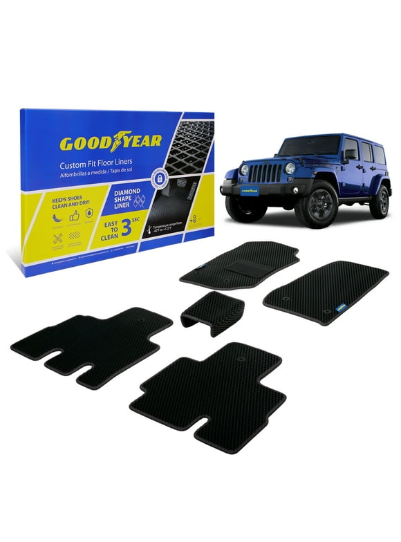 Goodyear Custom Fit Car Floor Liners for Jeep Wrangler JK 2014-2018, Black/Black 5 Pc. Set, All-Weather Diamond Shape Liner Traps Dirt, Liquid, Precision Interior Coverage - GY004123