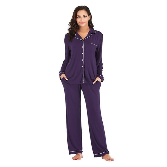 YTDSCS Pajamas Set for Womens 2 Piece Solid Color Pjs Loungewear Long Sleeve Sleepwear Soft Button down Jammies and Pants with Pockets Fall Winter Outfit S-XXL