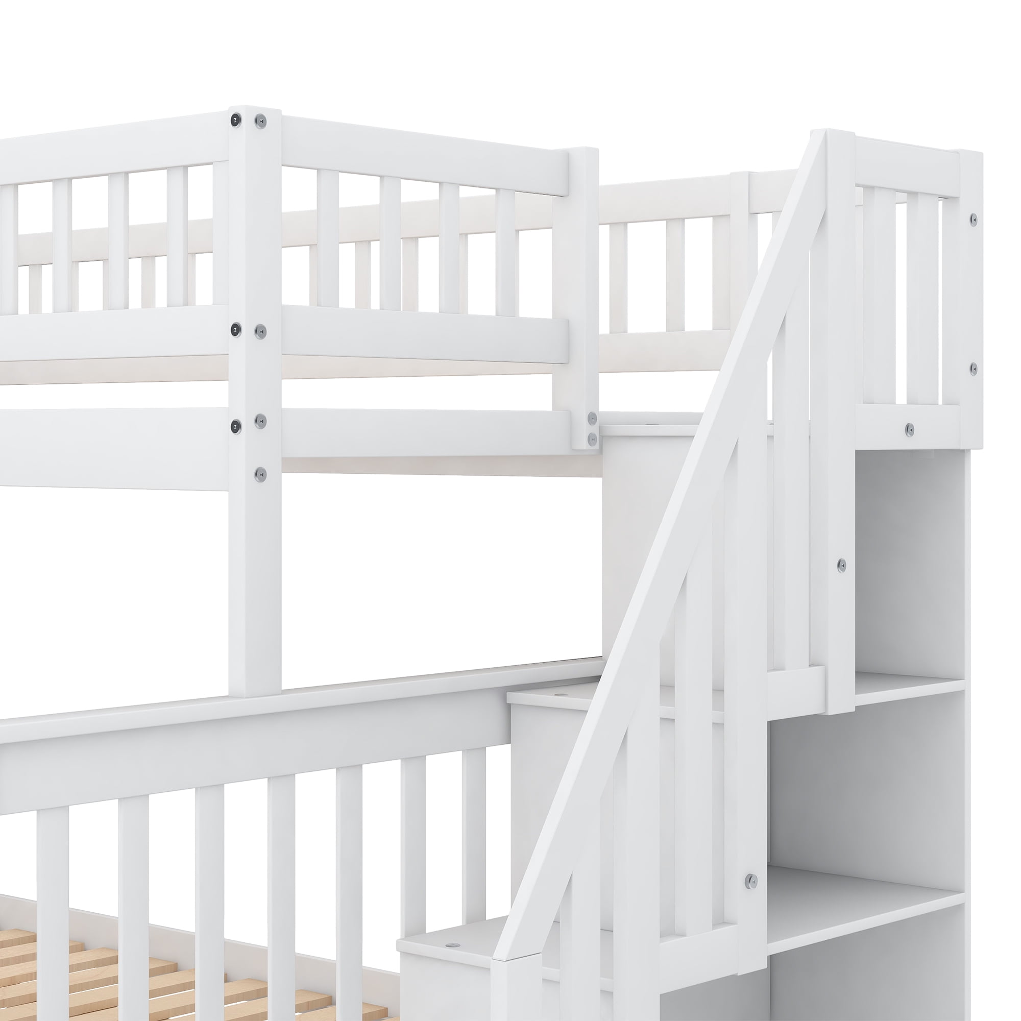Euroco Twin Over Full Bunk Bed with Trundle and Stairs for Kids Teens, White
