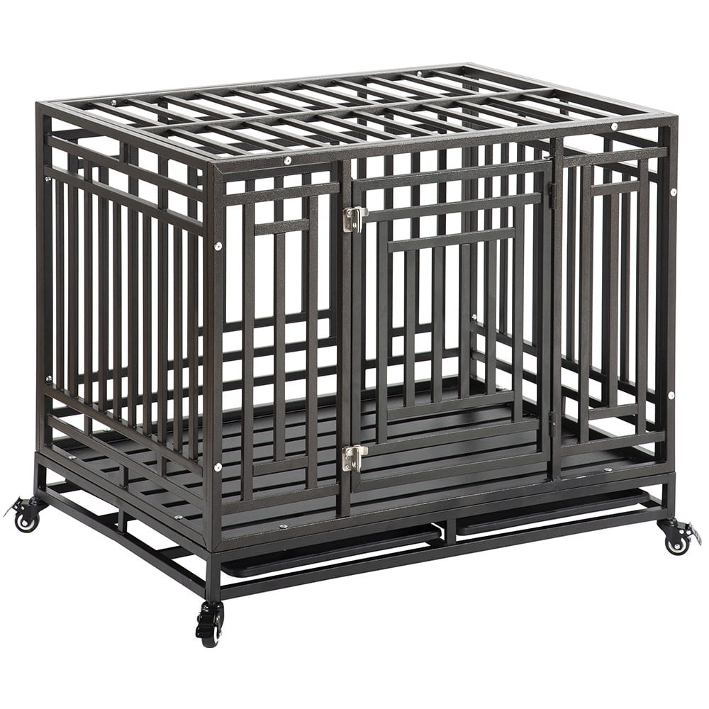 Kepooman 45'' Heavy Duty Mobile Metal Dog Cage with 4 Wheels & Trays for Pet Puppy, Black Kepooman 45'' Heavy Duty Mobile Metal Dog Cage with 4 Wheels & Trays for Pet Puppy, Black