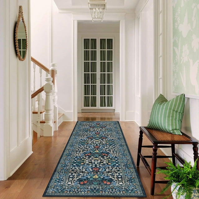 Garvee 2x6 Floral Runner Rug Hallway Rug, Washable Rugs Non Slip Stain Resistant Soft Indoor Printed Rug Carpets, Low Pile Floor Mats for Entryway Laundry Room Bedroom, Blue