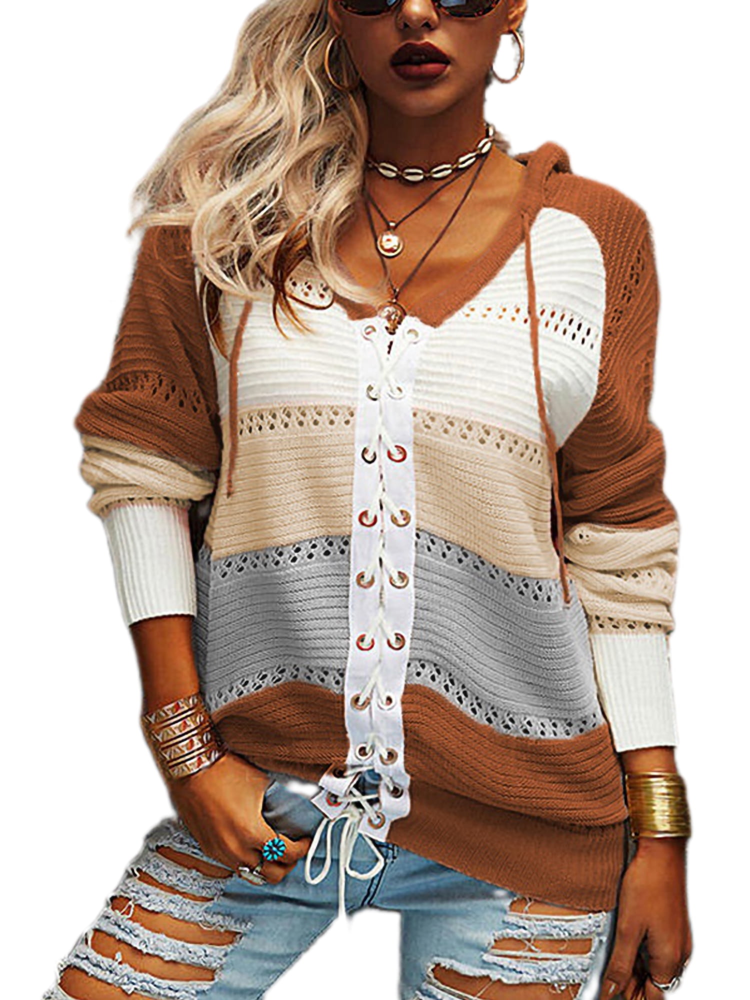 Listenwind Women's Lightweight Knit Hooded Sweater Lace Up Criss Cross Hoodies Color Block Hollow Out Pullover Sweatshirts Tops, Size: Medium, Black