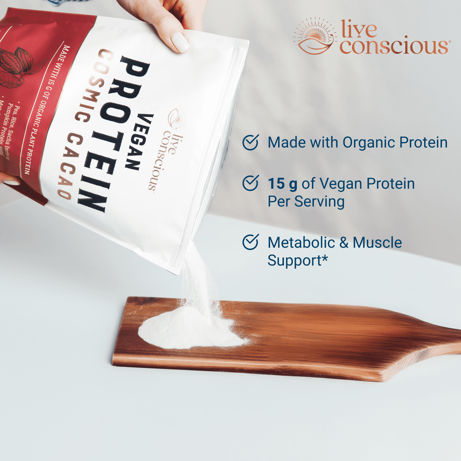 Live Conscious Pea Protein Powder, Cosmic Cacao Chocolate, Pea Brown Rice Pumpkin & Sacha Inchi Blend, 20 Servings