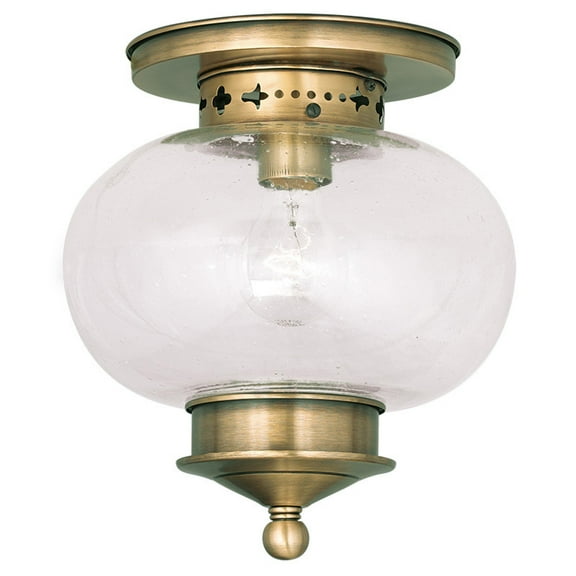 1 Light Antique Brass Ceiling Light fixture with Hand Blown Seeded Glass Shade